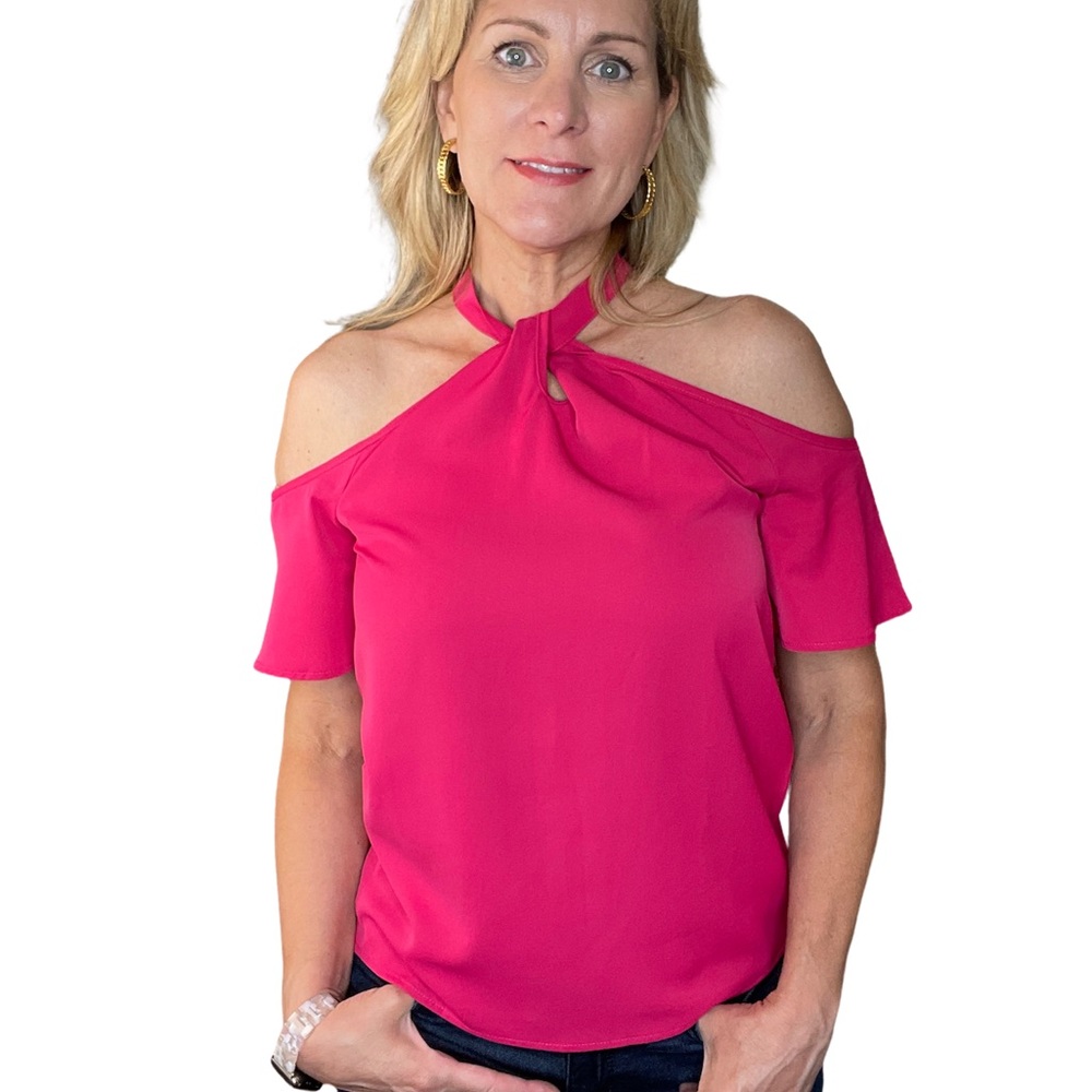 Pink cold shoulder top